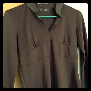 Blouse with leather trim collar